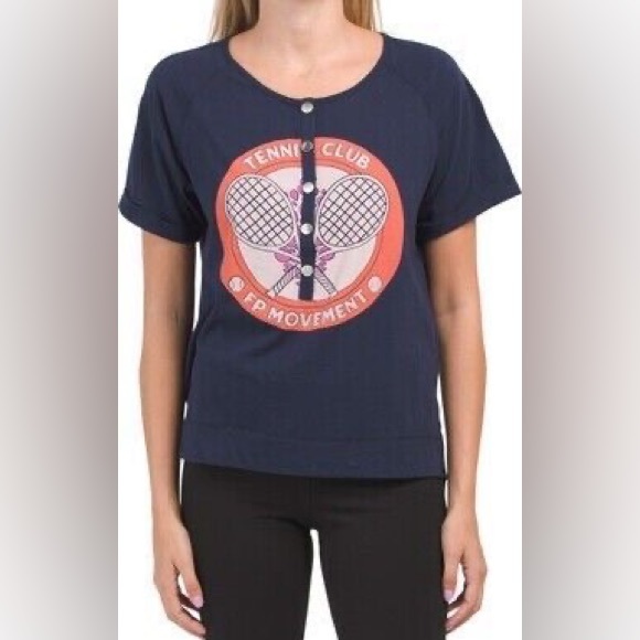 Free People Movement Inhale Tennis Club Henley Graphic Tee Navy - Picture 2 of 8